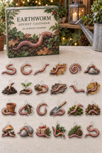 Earthworm advent calendar with 24 custom-shaped flat acrylic charms and printed dimensional artwork