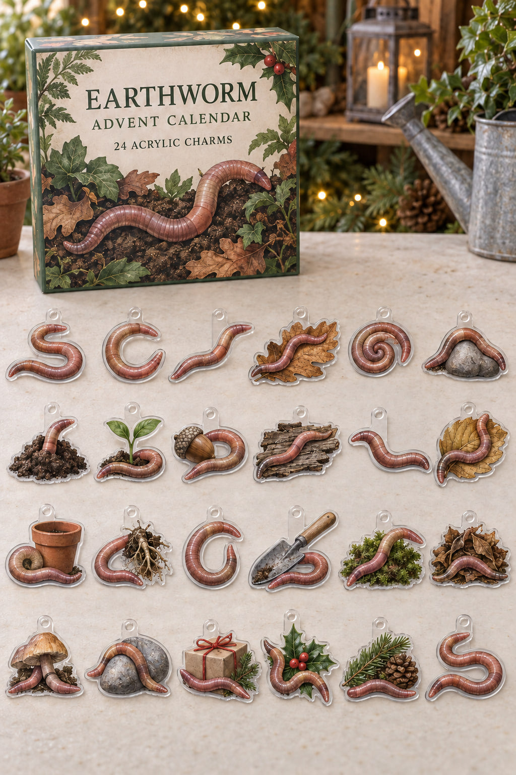 Earthworm advent calendar with 24 custom-shaped flat acrylic charms and printed dimensional artwork