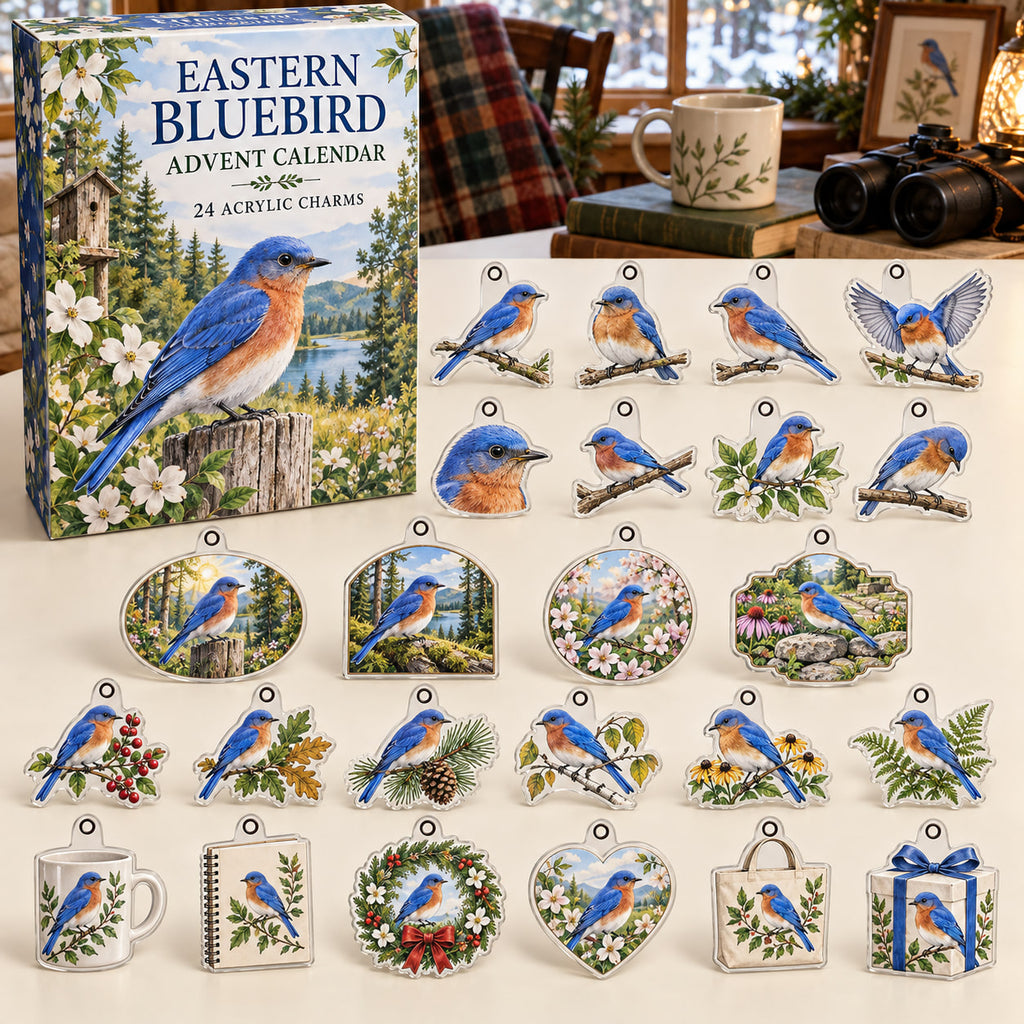 Eastern Bluebird advent calendar box with 24 themed flat printed acrylic charms