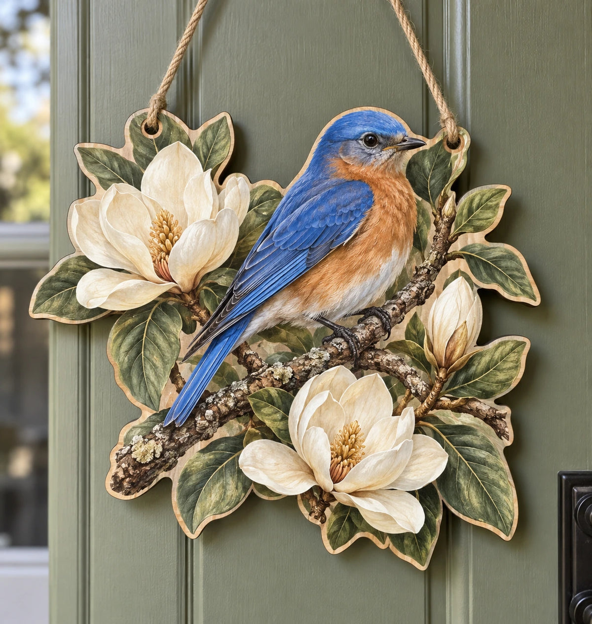 Eastern Bluebird Magnolia Branch Custom Shape Door Hanger with printed dimensional artwork
