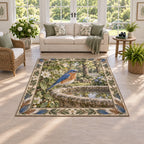 Eastern bluebird area rug with stone birdbath and botanical garden print