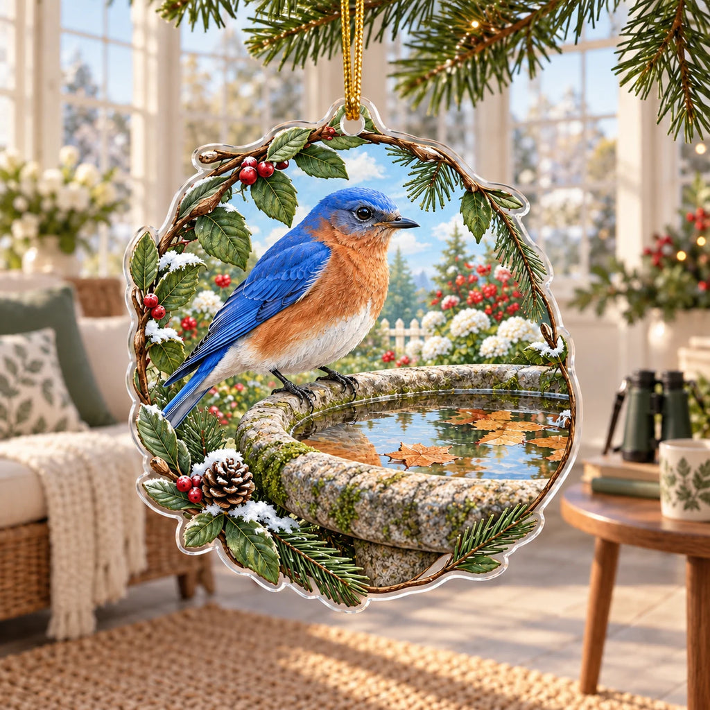 Eastern bluebird christmas ornament with stone birdbath and botanical garden print