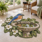 Eastern bluebird custom shape area rug with stone birdbath and botanical garden print