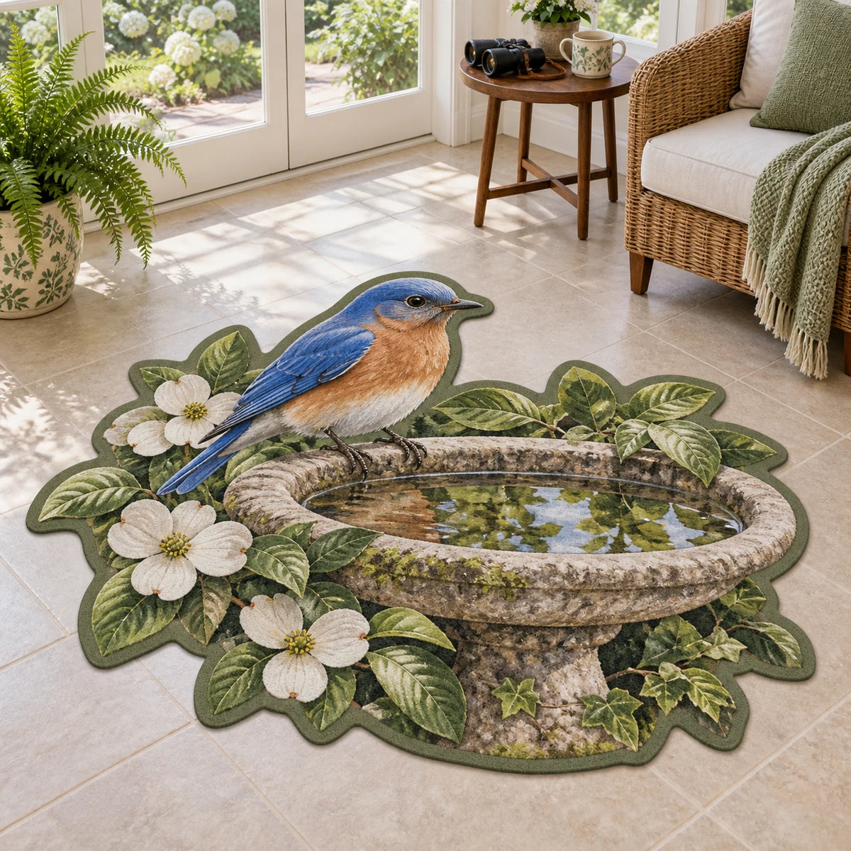 Eastern bluebird custom shape area rug with stone birdbath and botanical garden print