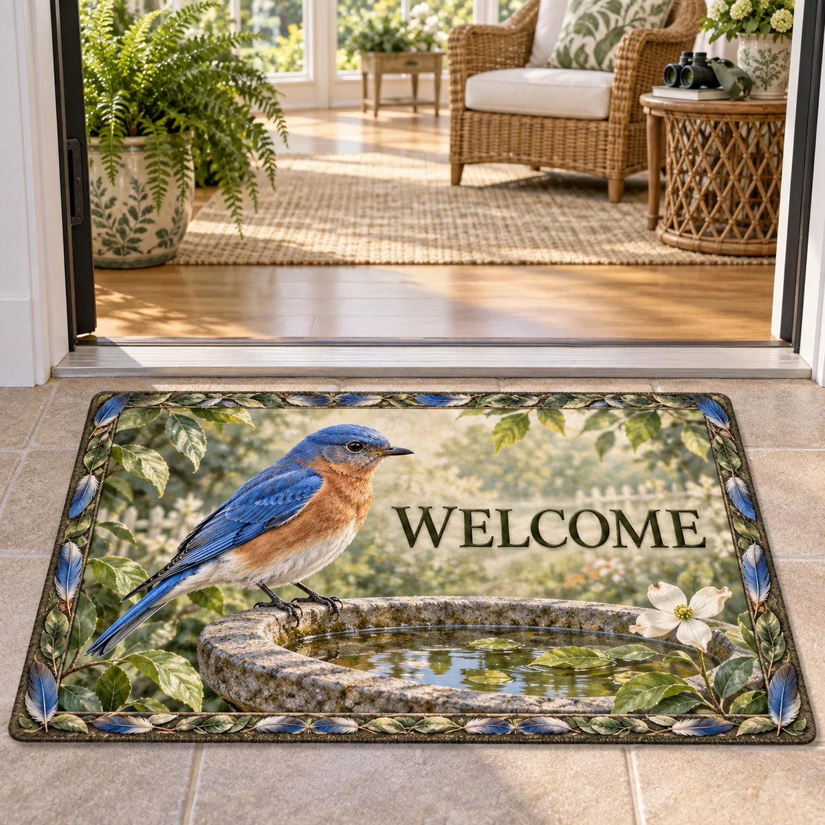 Eastern bluebird doormat with stone birdbath and botanical garden print