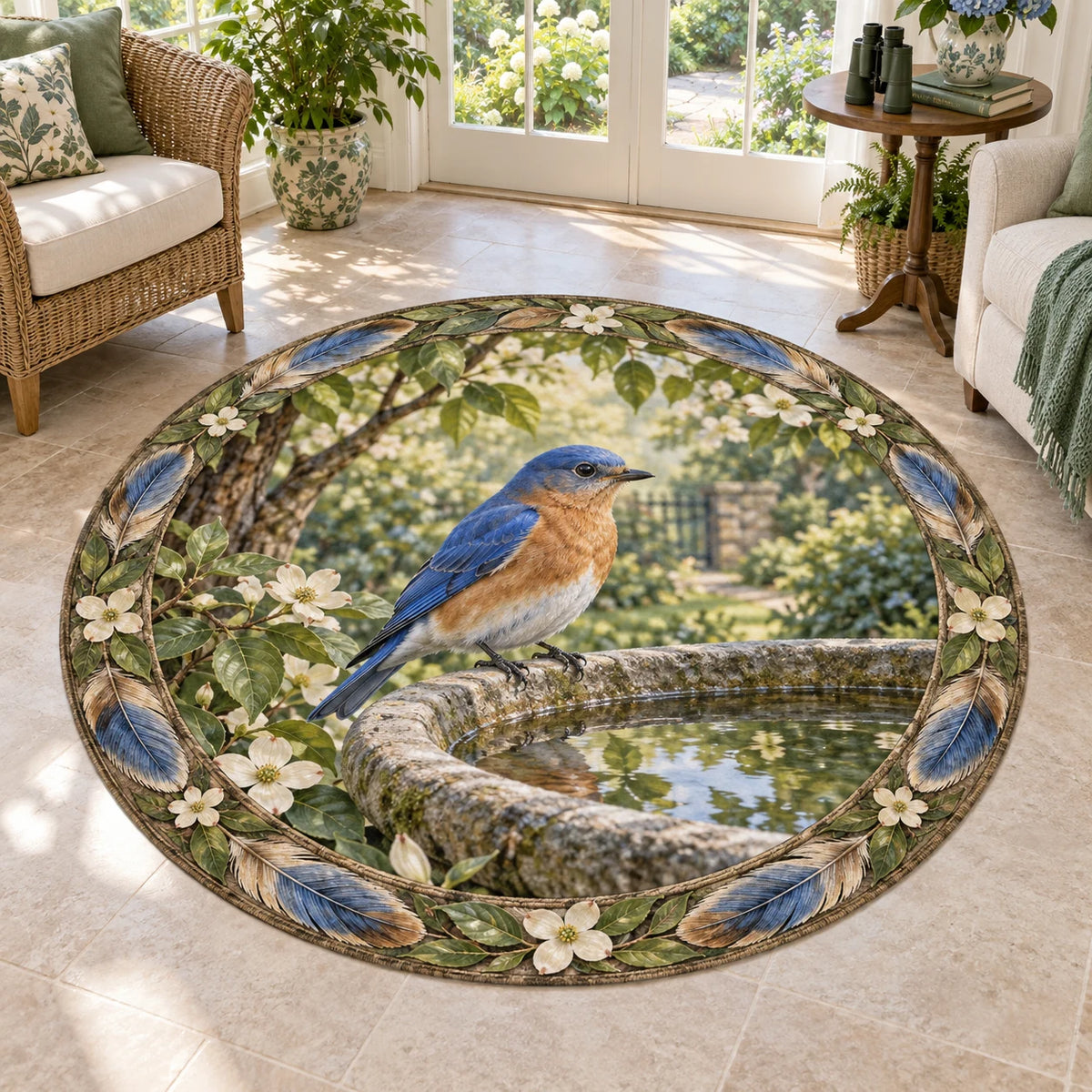 Eastern bluebird round mat rug with stone birdbath and botanical garden print