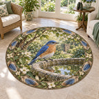 Eastern bluebird round mat rug with stone birdbath and botanical garden print