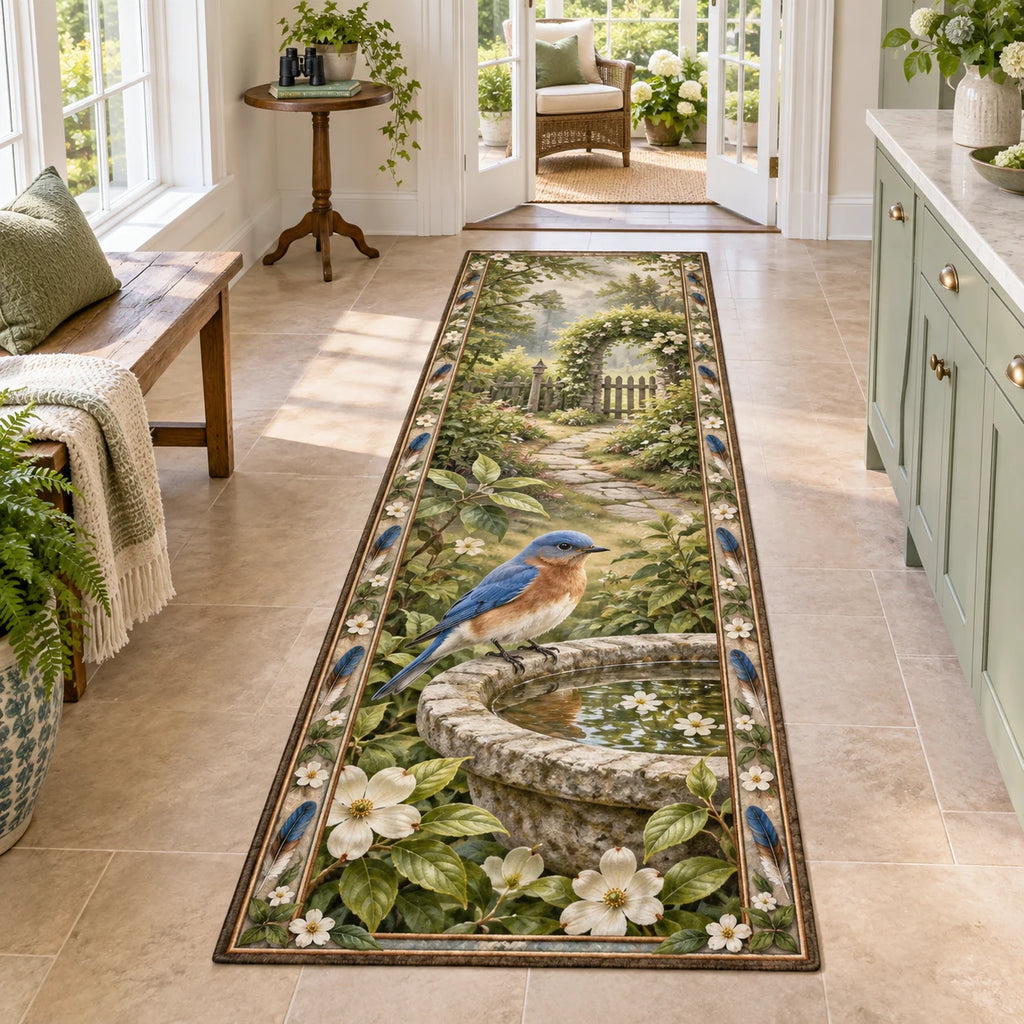 Eastern bluebird runner rug with stone birdbath and botanical garden print