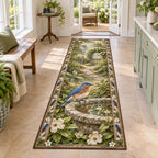 Eastern bluebird runner rug with stone birdbath and botanical garden print