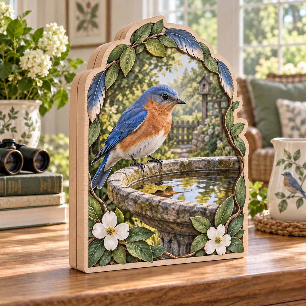 Eastern bluebird wooden block 3 layer with stone birdbath and botanical garden print