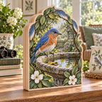 Eastern bluebird wooden block 3 layer with stone birdbath and botanical garden print