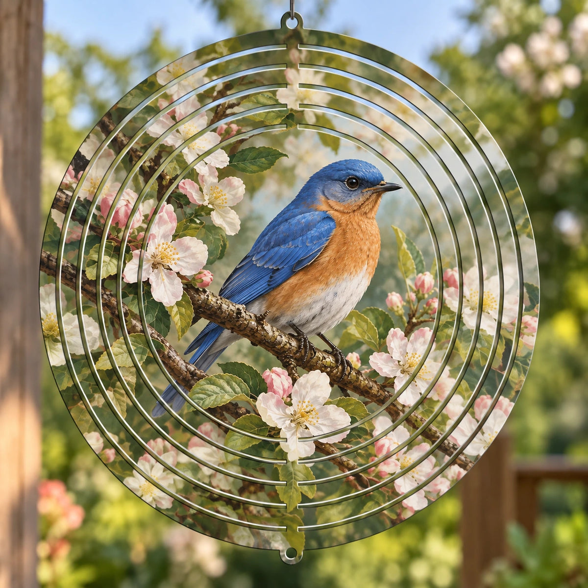 Eastern Bluebird Orchard Blossom Wind Spinner with printed dimensional artwork