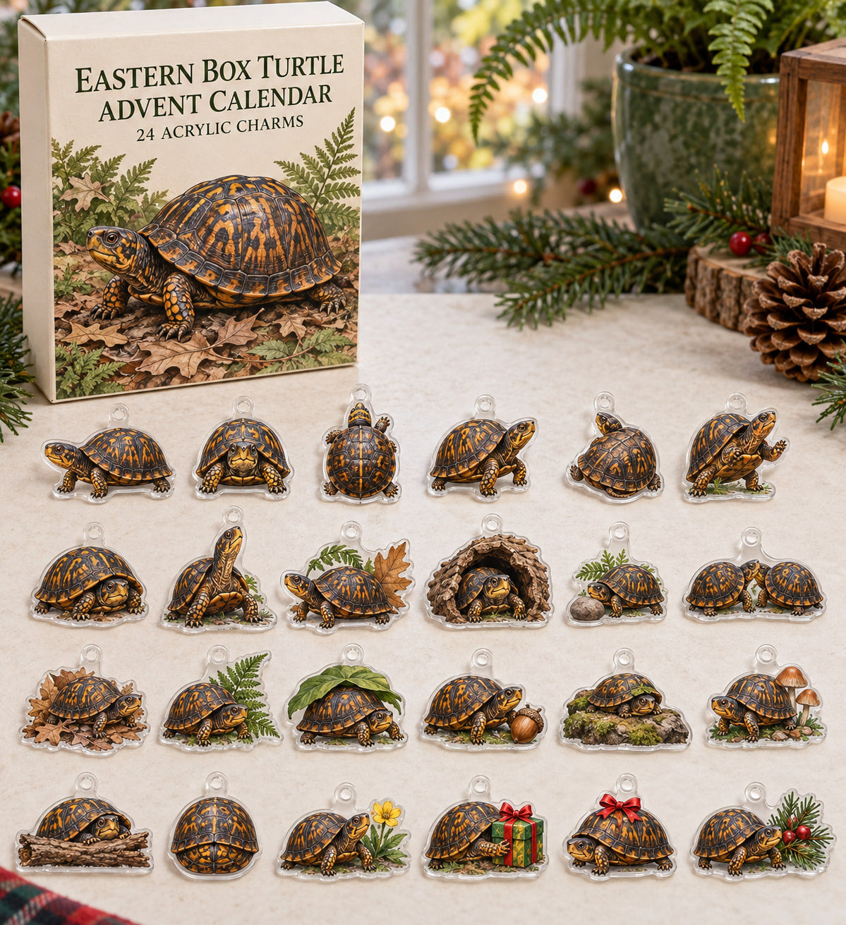 Eastern Box Turtle advent calendar with 24 custom-shaped flat acrylic charms and printed dimensional artwork