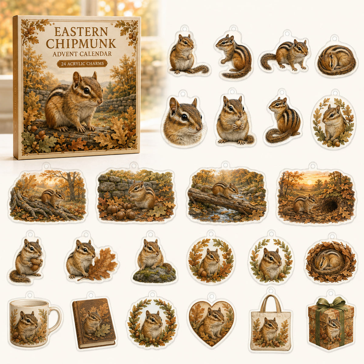 Eastern Chipmunk advent calendar box with 24 themed flat printed acrylic charms