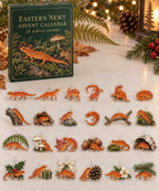 Eastern Newt advent calendar with 24 custom-shaped flat acrylic charms and printed dimensional artwork