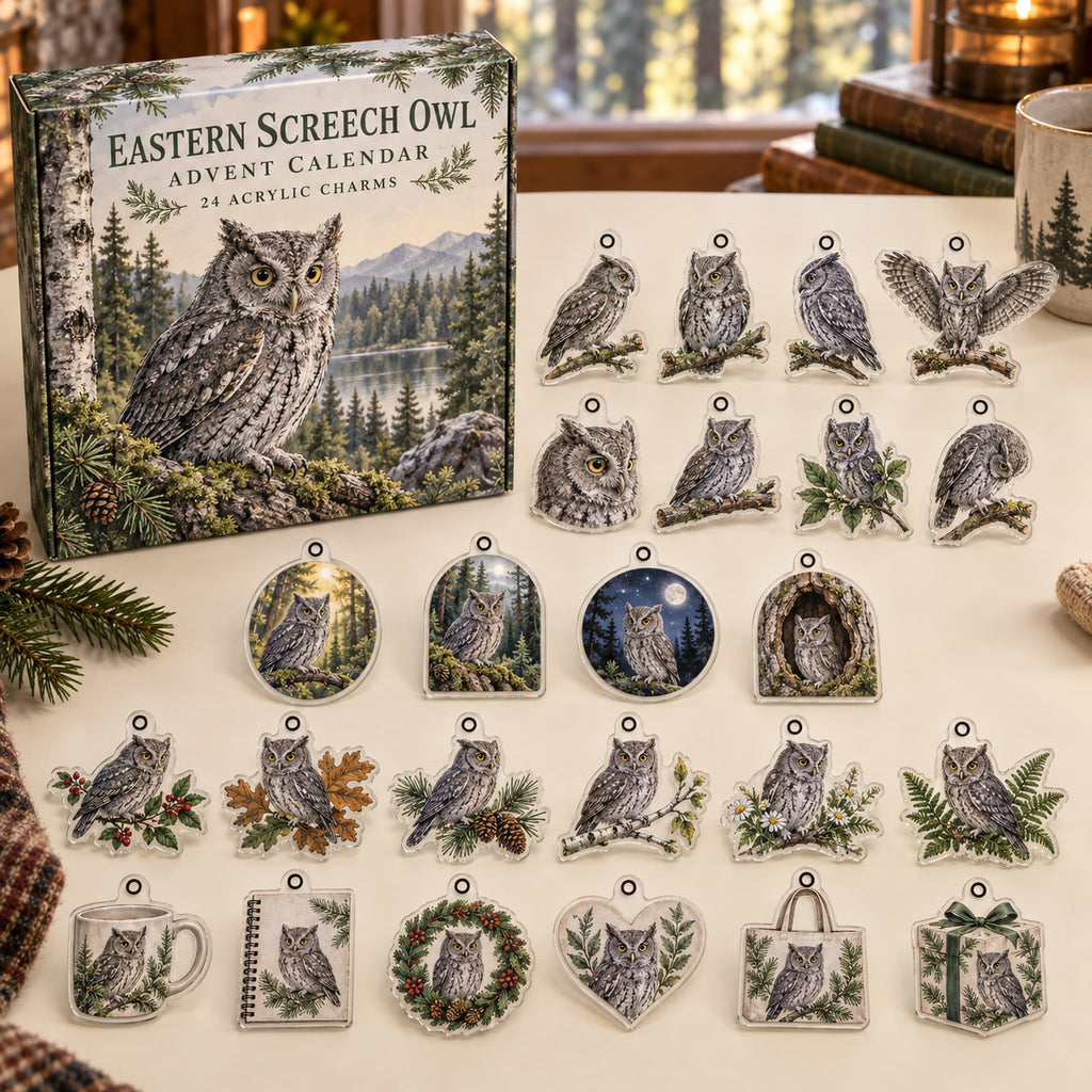 Eastern Screech Owl advent calendar box with 24 themed flat printed acrylic charms