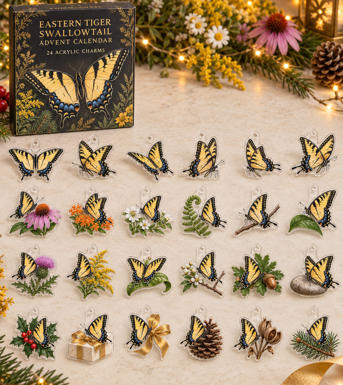 Eastern Tiger Swallowtail advent calendar with 24 custom-shaped flat acrylic charms and printed dimensional artwork