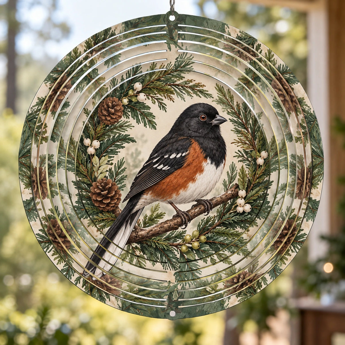 Eastern Towhee Holiday Wreath Wind Spinner with printed dimensional artwork
