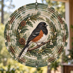 Eastern Towhee Holiday Wreath Wind Spinner with printed dimensional artwork