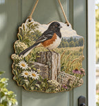 Eastern Towhee Wildflower Fence Custom Shape Door Hanger with printed dimensional artwork