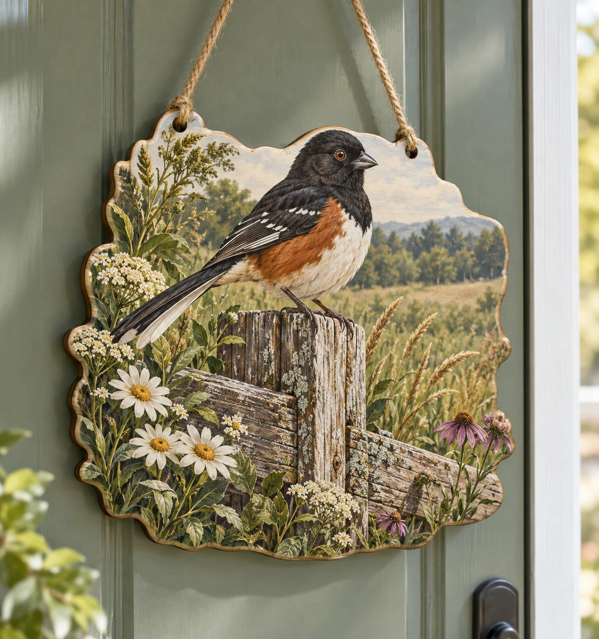 Eastern Towhee Wildflower Fence Custom Shape Door Hanger with printed dimensional artwork