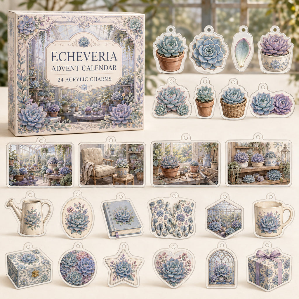 Echeveria advent calendar box and 24 succulent-themed printed acrylic charms