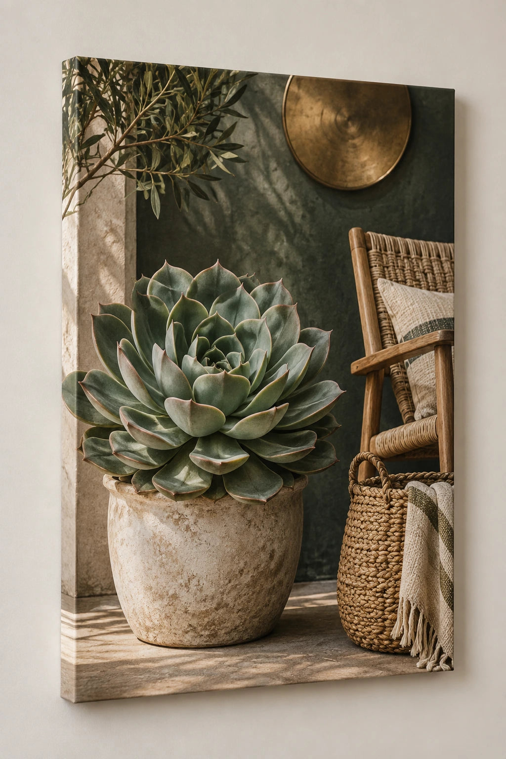 Echeveria Rattan Corner Canvas Wall Art with printed dimensional artwork