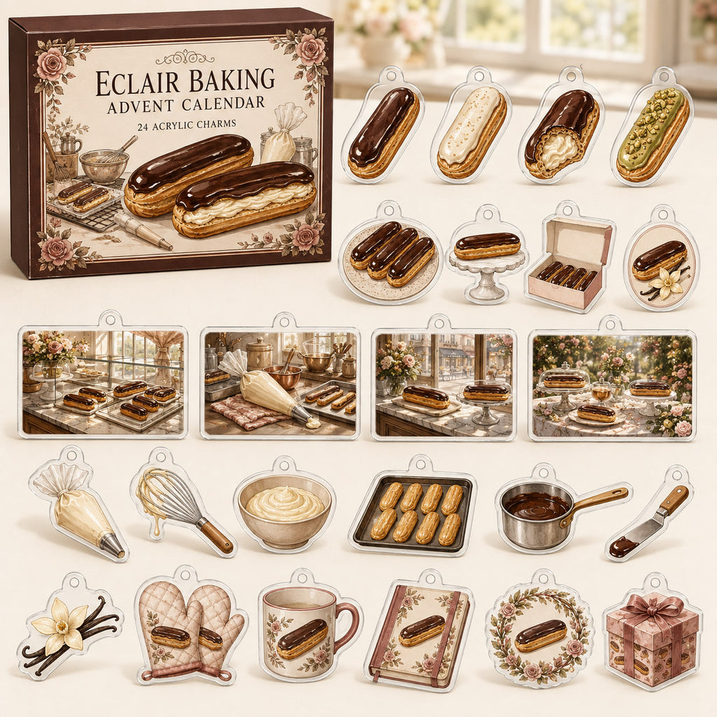 Eclair Baking advent calendar box with24 printed acrylic baking-themed charms