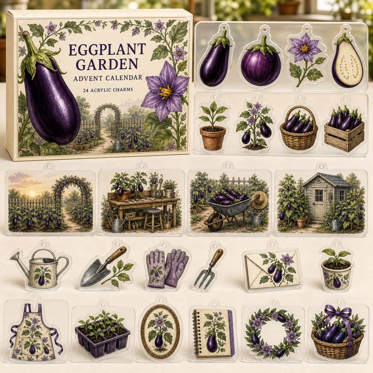 Eggplant Growing advent calendar box with 24 printed acrylic garden charms