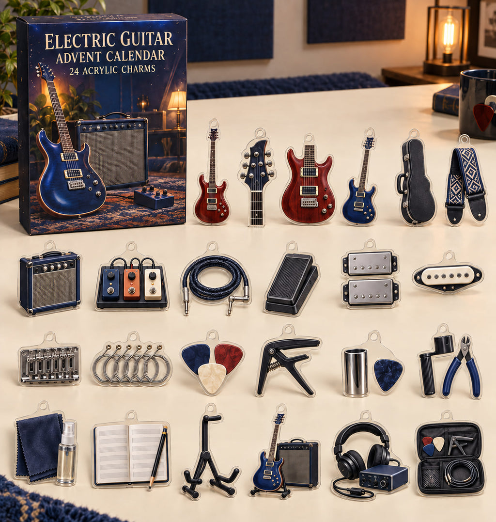 Electric Guitar advent calendar with 24 custom-shaped flat acrylic charms and printed dimensional artwork