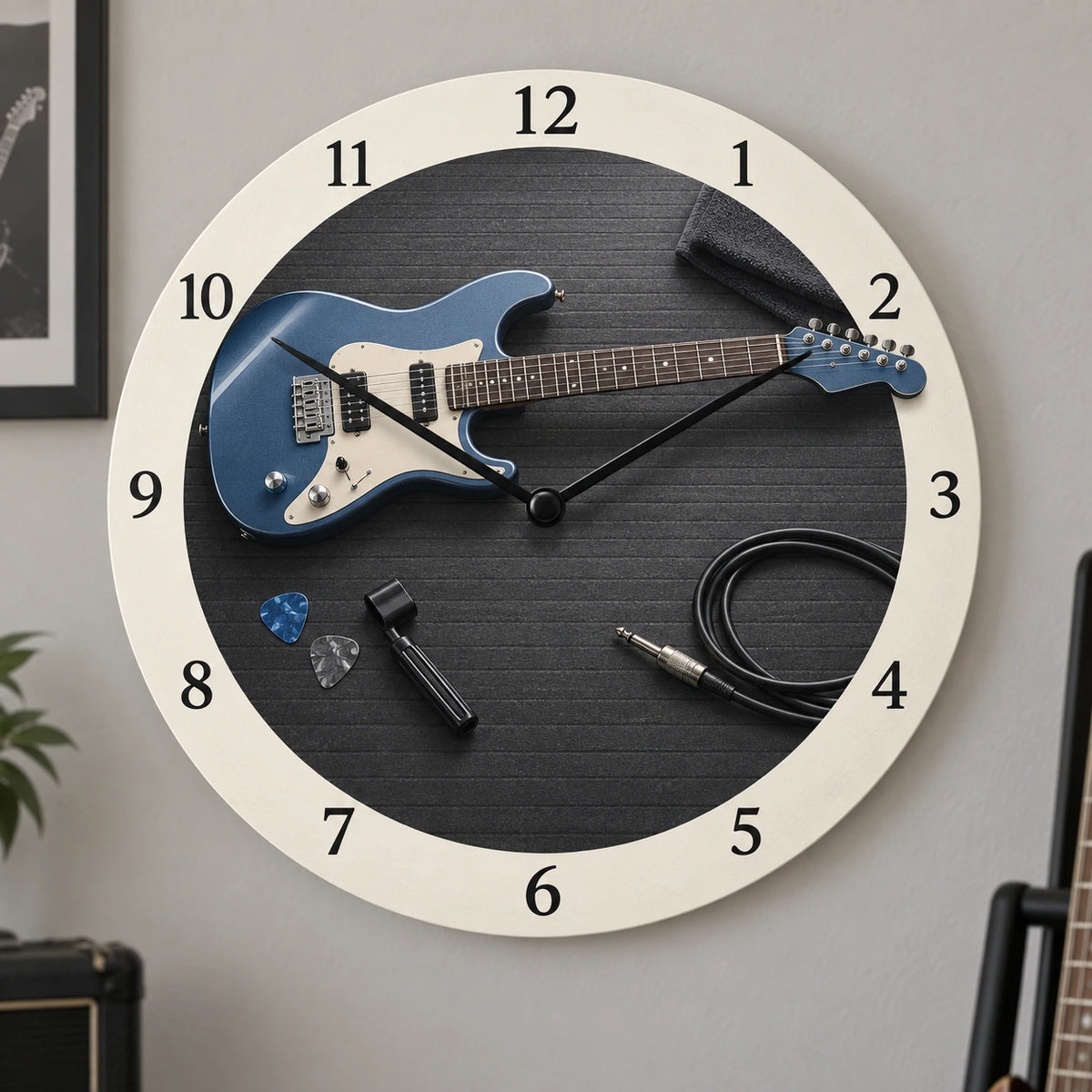 Electric Guitar Workshop Wooden Wall Clock with printed instrument and maintenance-tool depth