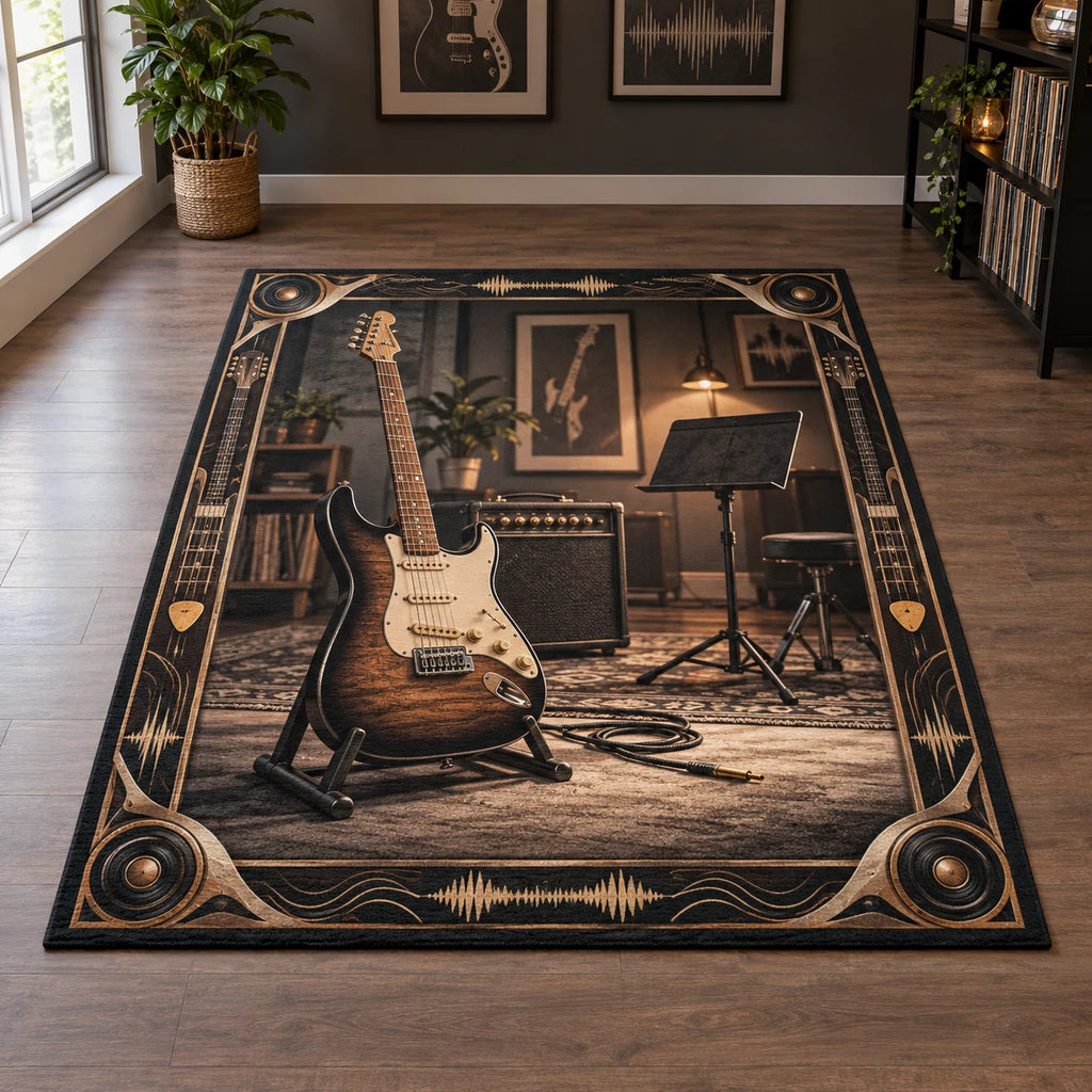 Complete rectangular rug with charcoal and brass music motifs, sunburst guitar and amplifier in a warm practice room.