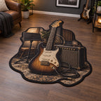 Complete custom outline around a guitar, amplifier and cable; dark binding follows the silhouette on a music-room floor.