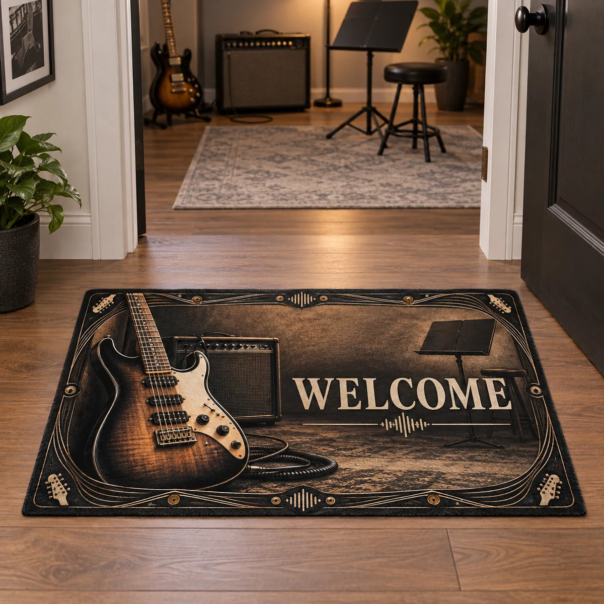 Complete rectangular doormat with readable WELCOME, a cropped guitar in the printed composition, amplifier and black-gold border.