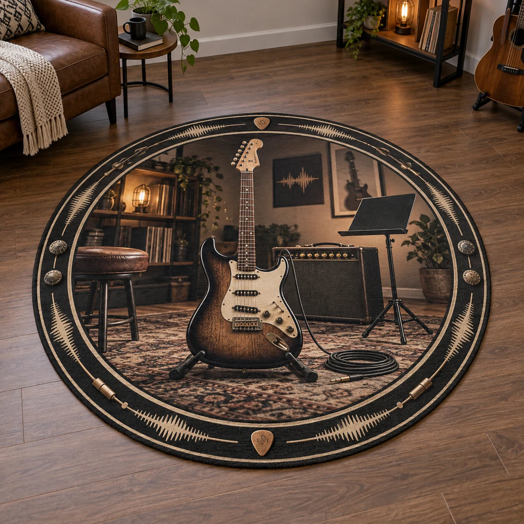 Complete circular rug with a black and cream waveform ring, sunburst guitar, amplifier and music stand.