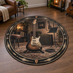 Complete circular rug with a black and cream waveform ring, sunburst guitar, amplifier and music stand.