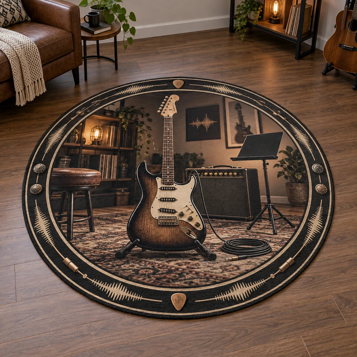 Complete circular rug with a black and cream waveform ring, sunburst guitar, amplifier and music stand.