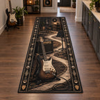 Complete long runner with sound-wave and pick motifs, guitar foreground and an illuminated practice space receding behind.
