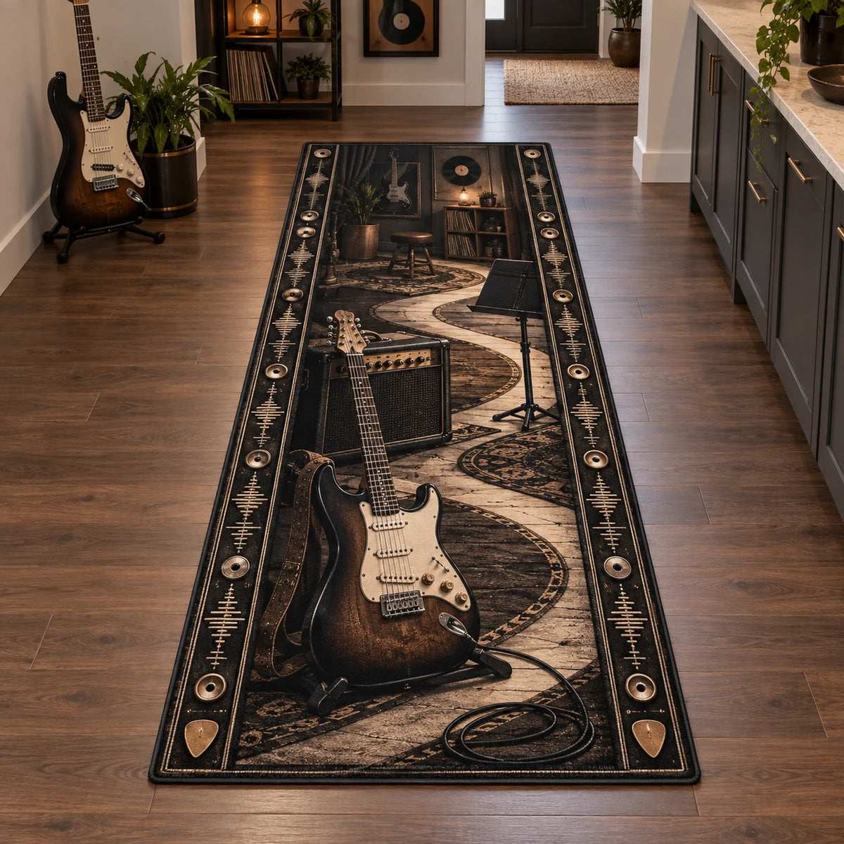 Complete long runner with sound-wave and pick motifs, guitar foreground and an illuminated practice space receding behind.