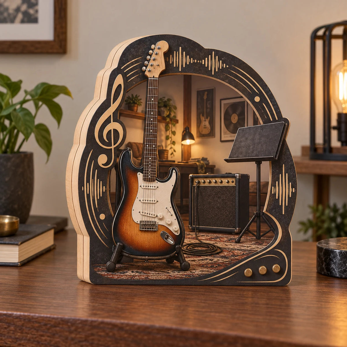 Complete tabletop block with three broad aligned wood slabs, two side joins and a continuous printed guitar practice scene framed by music motifs.
