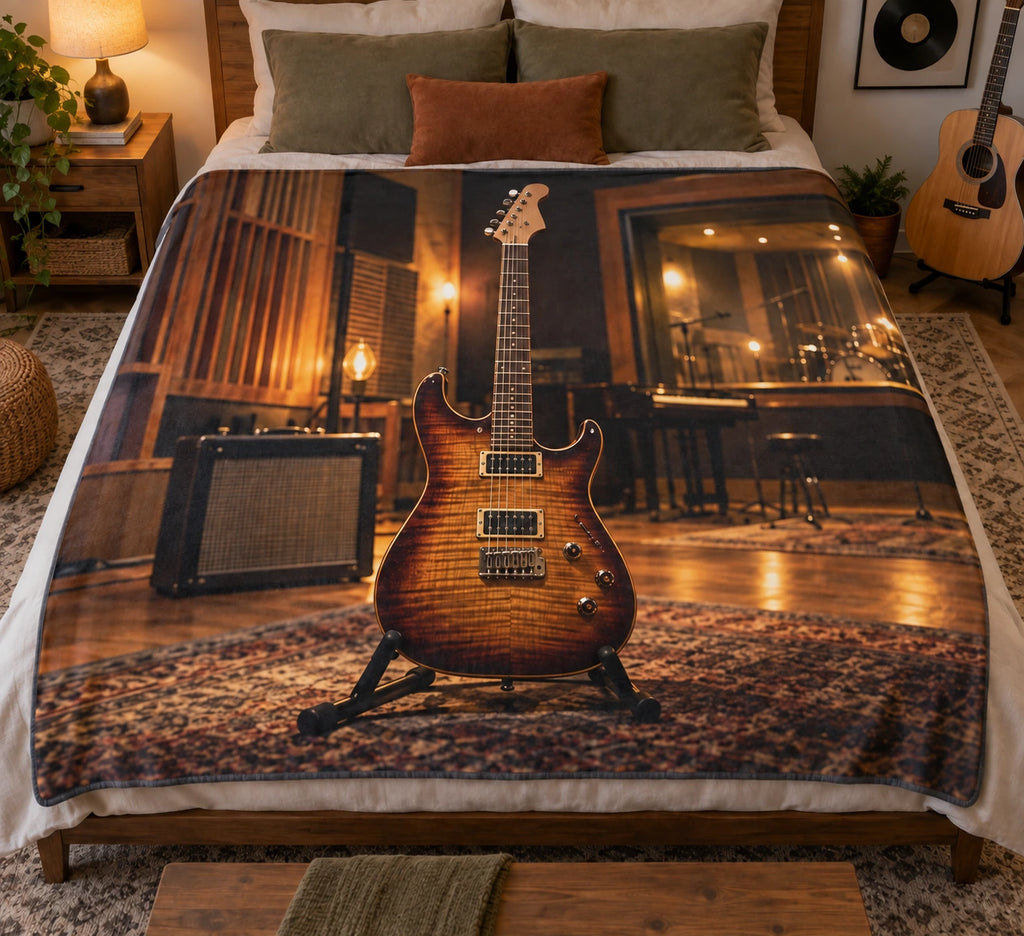 Electric guitar studio scene printed on a flat fleece throw blanket.