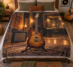 Electric guitar studio scene printed on a flat fleece throw blanket.