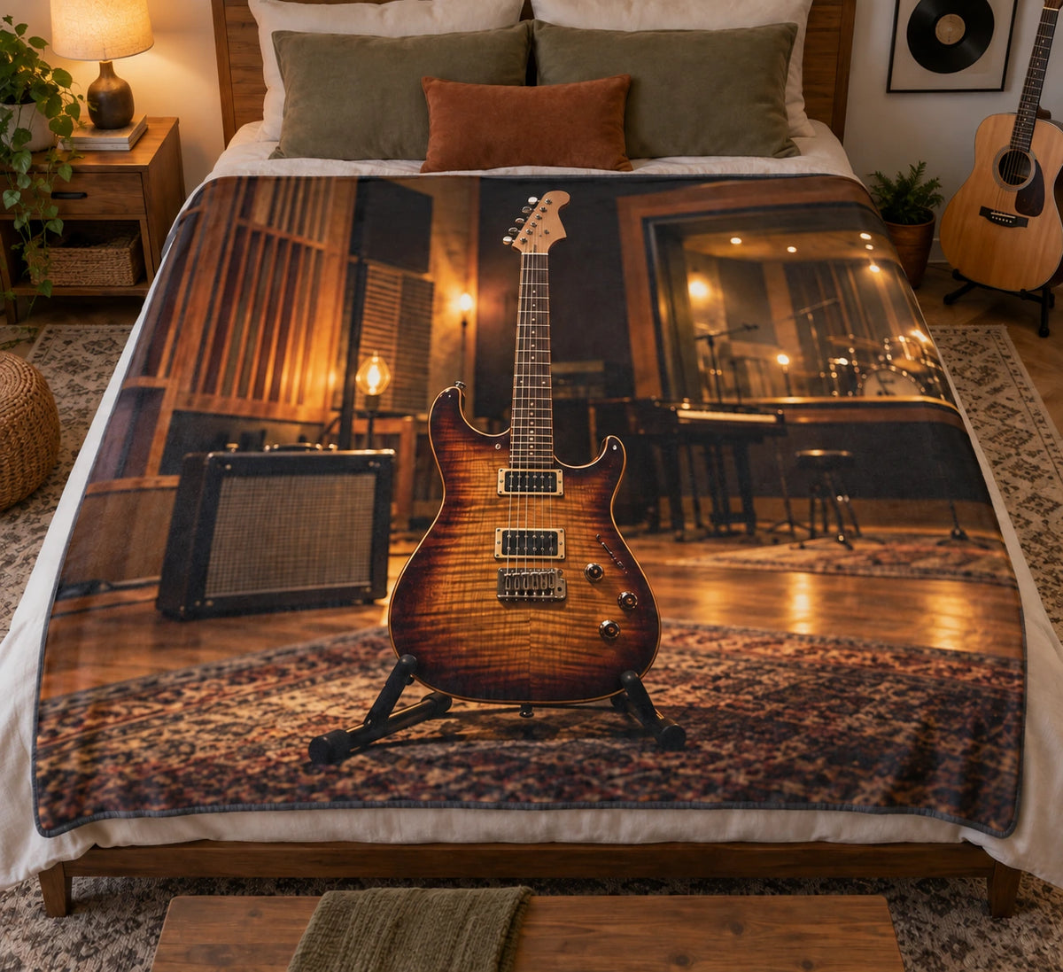 Electric guitar studio scene printed on a flat fleece throw blanket.
