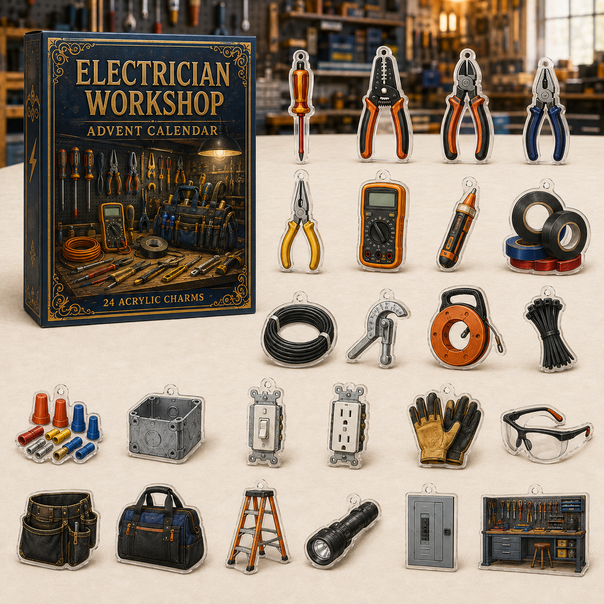 Electrician Workshop advent calendar gift box with 24 illustrated acrylic charms arranged on a light tabletop