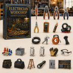Electrician Workshop advent calendar gift box with 24 illustrated acrylic charms arranged on a light tabletop