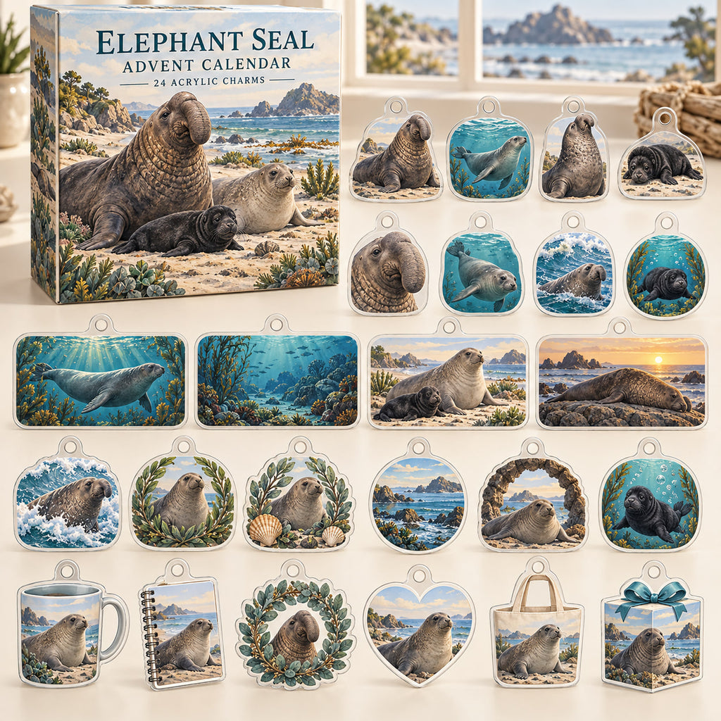 Elephant Seal advent calendar box with 24 themed flat printed acrylic charms