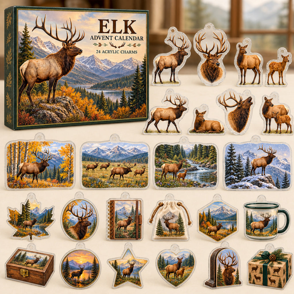 Elk advent calendar box with 24 wildlife-themed printed acrylic charms