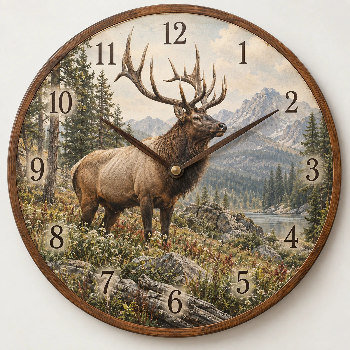 Elk Wildflower Meadow Wooden Wall Clock with printed dimensional artwork