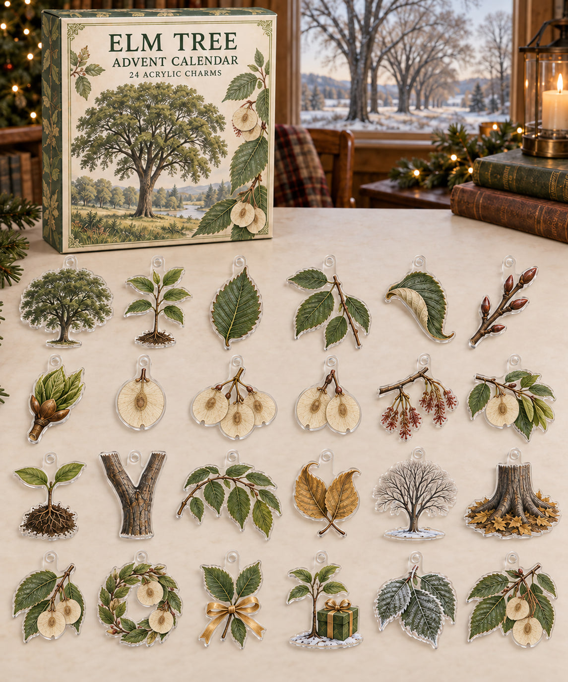 Elm Tree advent calendar with 24 custom-shaped flat acrylic charms and printed dimensional artwork