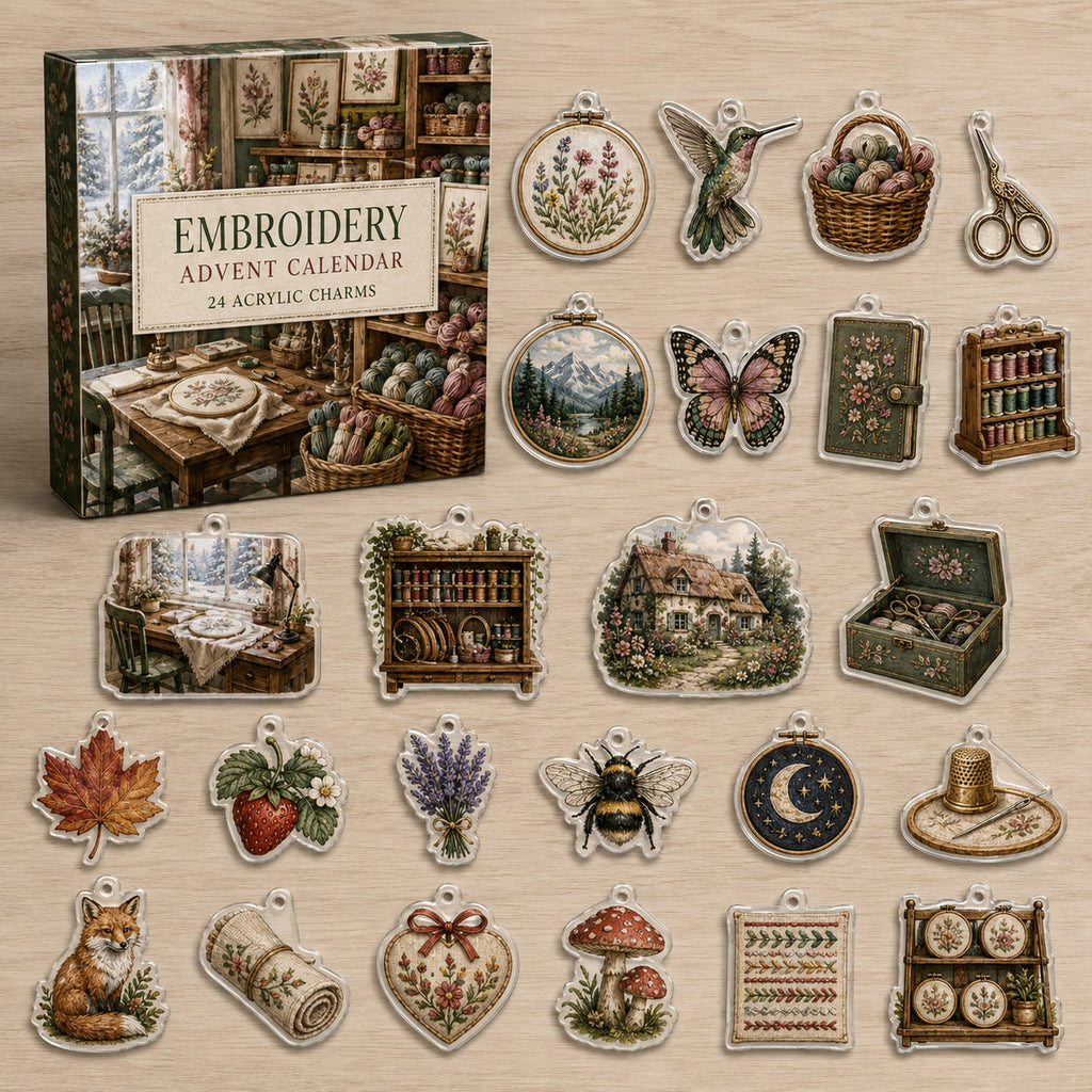 Embroidery printed advent calendar box and 24 varied acrylic charms